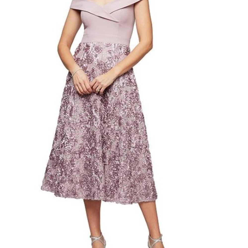 Alex Evenings Off-the-Shoulder Cap Sleeve Rosette Midi Dress